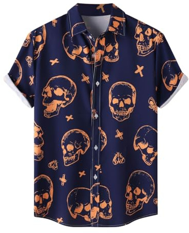 Camisa Calaveras Hombre Camisa Halloween Hombre Camisas Manga Corta Verano Hawaiana Flores Camiseta Halloween Cubre Botones