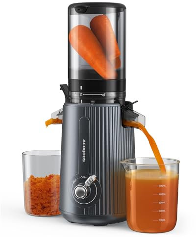 ACOQOOS Licuadoras para Frutas, Extractor de Zumos y Verduras con una Apertura de Alimentación de 110 mm, Fácil de Limpiar Máquina de Jugo Lento con 2 Vasos