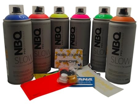 PROGAL COLORS NBQ Juego de 6 Botes de Espray Fluor de Alta Cobertura para Graffiti Pro, 6 x 400 ml, con Cabezales de Pulverización de Repuesto, para Manualidades, Arte, Válvula Ligera, Bellas Artes