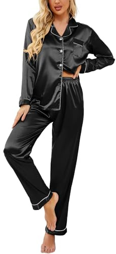 Ekouaer Pigiama da Donna in Raso, a Maniche Lunghe, con Bottoni, Biancheria da Notte con Scollo a V, Set da Due Pezzi Nero S