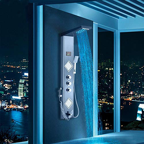 Svart grå LED duschpanel kolumn regn vattenfall duschhuvud digital skärm temp 3 handtag mixer kran spray bidé dusch