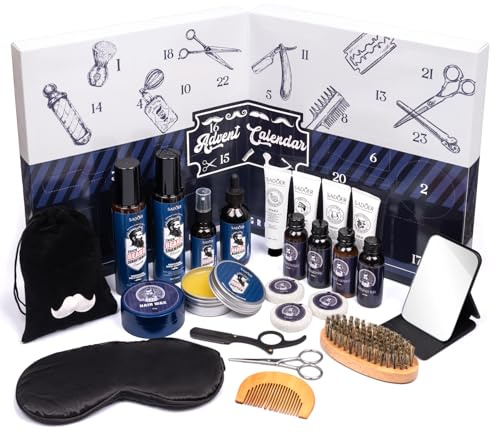 KKSJK Calendario Avvento 2025 Uomo, 24pcs Set Regalo di Natale per la Cura Della Barba, Capelli, Viso e Corpo, Kit da Barba Uomo, Skin Care Uomo Kit, Calendario Avvento Uomo Bellezza