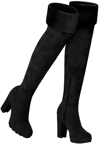 Allegra K Women's Platform Faux Fur Zipper Chunky Heel Over Knee High Boots Black 5 UK/Label Size 7 US