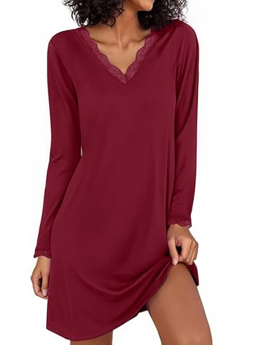 Demegimi Chemise de Nuit Femme Coton Nuisette à Manches Longues avec Col en V et Dentelle Vêtements de Nuit Chauds et Confortables pour Automne Hiver,Bourgogne,M