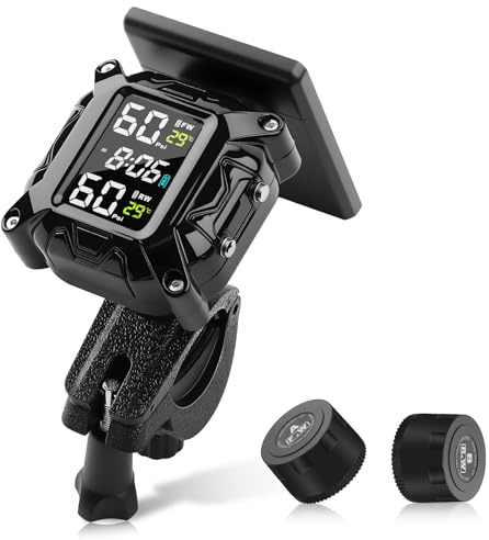 Avutrel Système de surveillance de la pression des pneus TPMS pour moto, capteur de pression des pneus sans fil, 5 modes d'alarme, charge magnétique USB/solaire, design étanche IP67, avec 2 capteurs