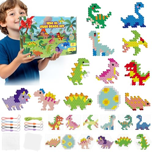 Lot de 1250 perles à repasser de 10 mm - 23 couleurs - Taille XL - Avec 2 plaques enfichables - 12 motifs dinosaures - 8 lanières et 5 papiers à repasser - Cadeau créatif pour enfants à partir de 3