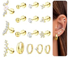JeweBella 16 Pièces Piercing Helix Boucles D'oreilles Femme Acier Inoxydable Boucles D'oreilles Femme Argent Or Bijoux Piercing Helix Tragus Conch Cartilage Oreille Acier Chirurgical