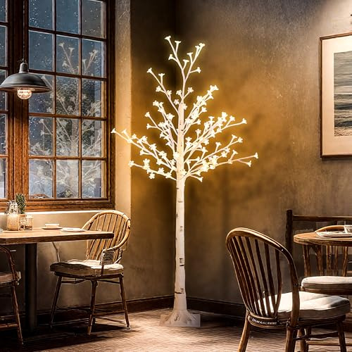 HOMCOM Árbol de Cerezo Artificial 150 cm, Lámpara de Árbol con 120 Luces LED Blanco Cálido, Base, Luz Ajustable en 3 Modos, Decoración Navidad para Interiores y Exteriores, Blanco