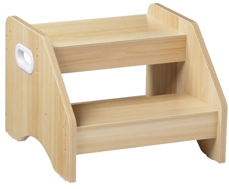 HOOBRO Scaletta a 2 Gradini Bambini, Sgabello Bambini con Maniglie e Tappetini Antiscivolo, Scaletta Bambini in Legno per 3-8 Anni, Portata 30 kg, per Cameretta, Soggiorno, Legno Naturale ENL28JD01