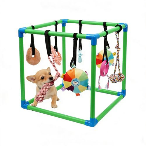 HBLEDOT Puppy Play Gym with 8 Hanging Toys, Small Dogs Indoor Jungle Gym, PVC Frame with Bungee Straps Enrichment Activity Center