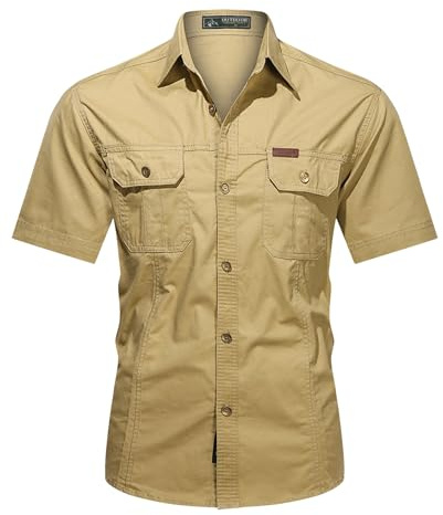 Misfuso Chemises Homme Manches Courtes Randonnée Cowboy Extérieur | Coton Col Classique Tenue Tactique Usage Extérieur Travail Look Safari Uni et Décontracté