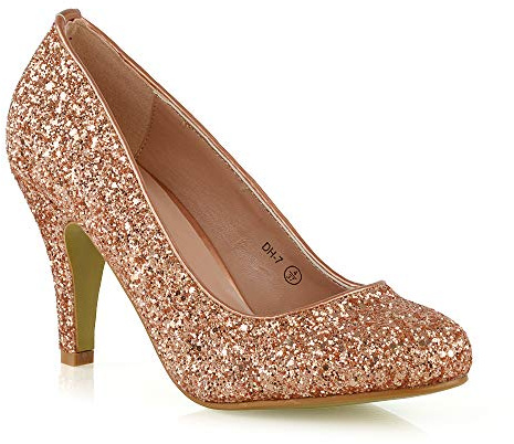 Womens Bridal Wedding Low Heel Sparkly Prom Party Court Shoes Size 3 4 5 6 7 8 (UK 4 / EU 37 / US 6, Rose Gold Glitter)