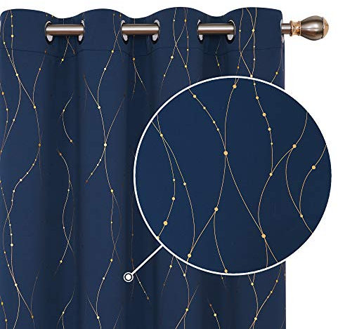 Deconovo Navy Curtains, Gold Dotted Line Foil Printed Blackout Thermal Insulated Curtains, Eyelet Curtains for Living Room, 46 x 72 Inch(Width x Length), Navy Blue 2 Panels