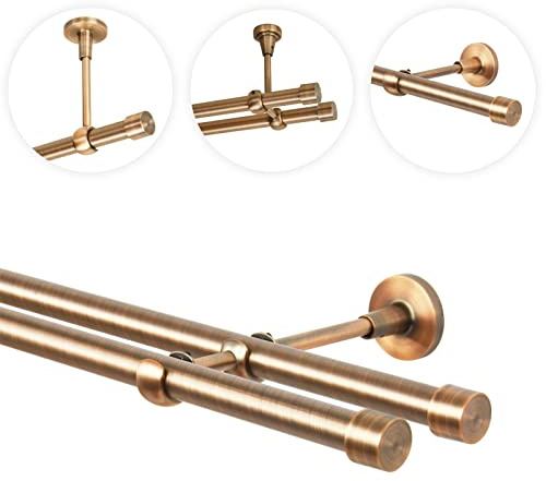 Gardinenstange 320 cm Wandmontage | Vorhangstange 2 läufig Ø 19mm | Kupfer Antik Vintage-Look Retro-Stil | Endkappe