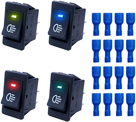 JZK 4PZ 12V 35A Interrupteurs à bascule avec indicateur LED rouge jaune bleu vert, 4 pin DPST 2 positions interrupteur à bascule pour voiture, camion, moto, bateau, feu antibrouillard