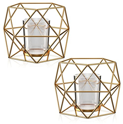 Gvolatee 2 Piezas Portavelas Geométricos de Metal, Candelabros Decorativos de Velas, Candelabro de Hierro Hueco, Soporte de Luz de Té para Bodas, Ceremonia, Aniversario, Días Festivos, Fiestas (Gold)