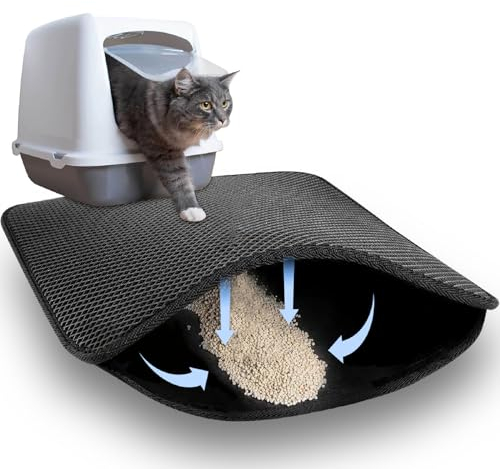 Katzenklo Matte, 46×60cm Waben Design Katzenstreu Matte, wasserdichte Doppelte Matte Katzenklo, Faltbar Katzenmatte Katzenklo, Katzenstreu Unterlege, Matte Katzentoilette, Cat Litter Mat, Schwarz