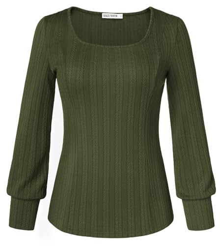 GRACE KARIN Women's Fall Jumpers Vintage Square Collar Puffed Sleeve Tunic Knitwear L Army Green