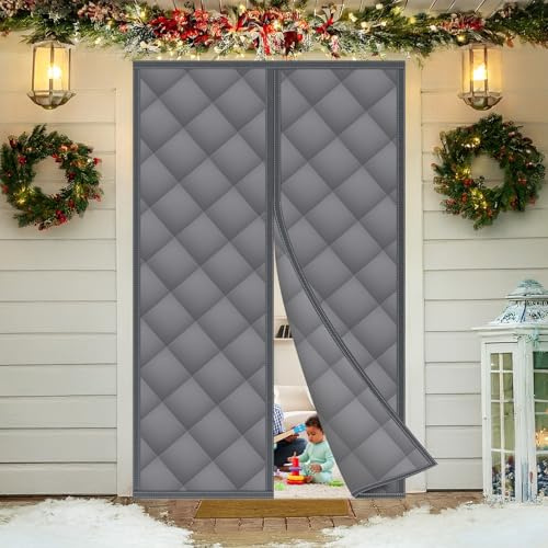 NUTKIT Magnetic Insulated Door Curtain, Thermal Doors Curtain, Oxford Cloth Soundproof door Cover with Polyester Cotton, Windproof temporary curtains for Room Kitchen in Winter, 70x200 cm, Grey