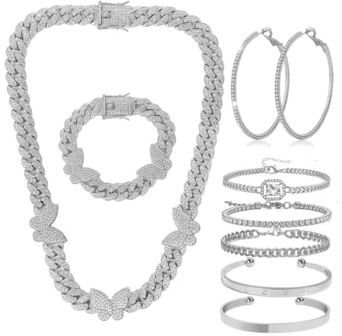 XKAWRT Butterfly Miami Hip-hop Cuban Chain, Rhinestone Butterfly Necklace Bracelet Earrings Jewelry set for Women (Silver Butterfly Suit)