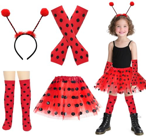 Ladybug Deguisement Fille,4 Pièces Costume Ladybug Enfant Avec Jupe Rouge Tutu Longues Chaussettes Gants Sans Doigts et Bandeau de Dame-Oiseau Jeu de Robe Fantaisie pour Fête à Thème de Carnaval