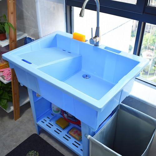 Lavandino autoportante in plastica con rubinetto e lavabo, ideale per lavanderie, esterni, cantine e stazioni di lavaggio del garage
