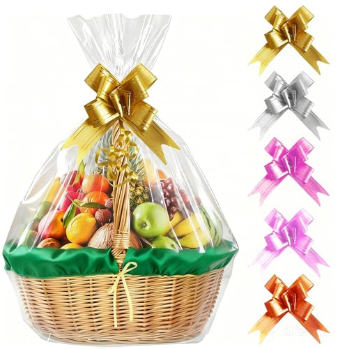5 Piezas Bolsas de Celofán Grandes, 70 x 100 cm, Transparentes de Canasta con 5 Cinta de Arcos, Pulgadas Celofán Presentar Bolsas para Día de San Valentín, Regalo, Flores, Golosinas, Cumpleaños