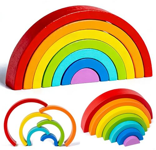 Tupinerq Arc-en-Ciel Jouet, 7pcs Tour D'empilage Jouet, Puzzle De Nidification Bloc, Jeu D'empilage Arch De Motricité,Construction Éducatifs en Bois 12 Ans et Plus
