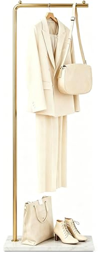 Metal Coat Stand,170cm L- Shape Freestanding Coat Rack with Stable Rock Base Clothes Stand, Suitable for Outerwear, Clothes And Bags, Used for Entrance, Bedroom, Living Room (Gold-White Stand)