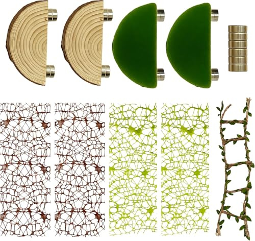 Azttior Kit de Accesorios para Terrario de Araña Saltarina | 4 Plataformas de Madera 4 Redes de Escalada 1 Puente de Cuerda de Cáñamo | Decoración de Hábitat Magnética con Imanes Extra