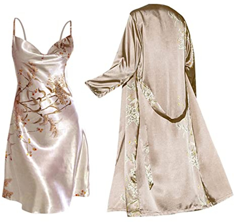 Generisk dam hemmadräkt 2-delad elegant fritid nattkläder set satin | Tvådelad sovkläder med mjuk morgonrock och sexig nattlinne bekvämt vardagskläder ledig hemmakläder mode pyjamasset