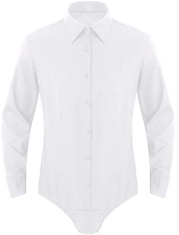 Alvivi Body da Uomo Slim Fit Latino Americano Moderna Ballo da Danza Professionale in Cotone Camicia Bodysuit Maniche Lunghe Button Down Costume Competizione Performance Bianco XL