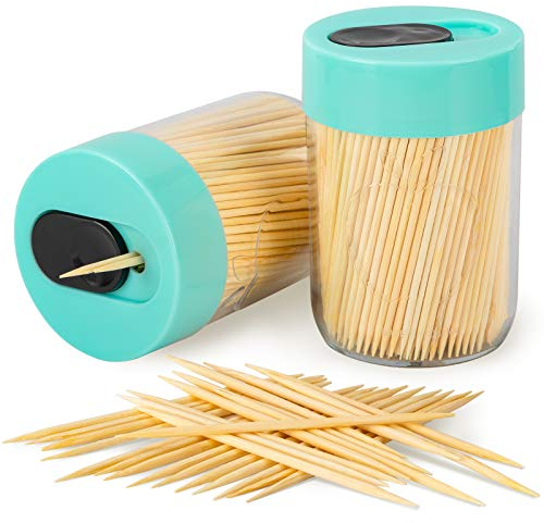 Urbanstrive Sturdy Safe Toothpick Holder with 800 Natural Wood Toothpicks for Teeth Cleaning, Unique Home Design Decoration, Unusual Gift, 2 Pack, Light Blue