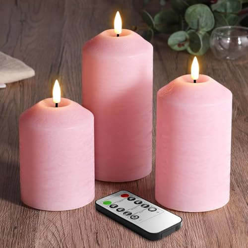 Eywamage rosa flamlösa pelarljus med fjärrkontroll, flimrande äkta vax LED-batteridrivna ljus D 7,6 cm H 10,16 cm 12,7 cm 6 tum