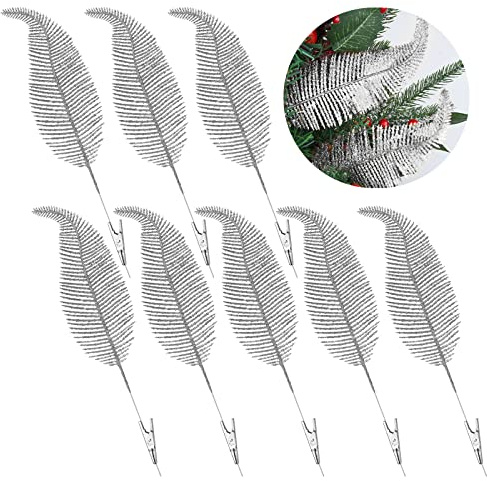 ELECLAND 8 Pcs Wedding Decorations Glitter Feather Ornament Christmas Artificial Leaves for Home wedding party decorations, Silver