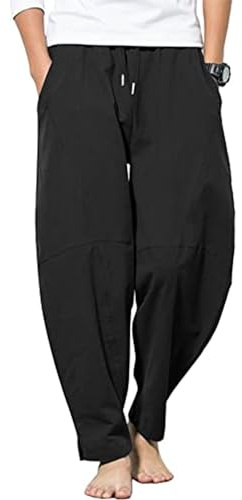 YAOBAOLE Men's Cotton Linen Trousers Drawstring Yoga Beach Pant Men's Lounge Pants Black XL