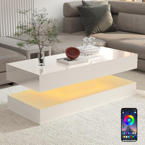 Uspeedy 47.3in Large High Glossy LED Coffee Table with 2 Storage Drawers,Black/White Modern Coffee Tables for Living Room,Living Room Tables,APP LED Lights (White)