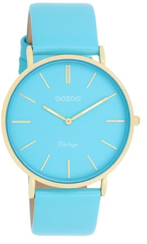 Oozoo Vintage Damen Uhr hellblau/Gold - Armbanduhr Damen mit 20mm Lederarmband - Analog Damenuhr in rund C20323