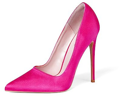 Zhabtuc Pumps Scarpe da Donna Eleganti e comode Scarpe da Donna Scarpe da Sposa Tacco a Spillo Alto, Tacco da 12 cm, Classico Materiale Esterno in Raso, Raso Rosa Caldo, 36 EU