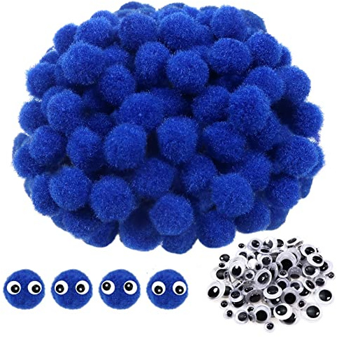 TOAOB 570pcs Craft Pompom creativo blu 10mm grandi pompon artigianali morbidi con 100pcs occhi mobili per fai da te forniture decorazioni cucito ghirlande frange progetti