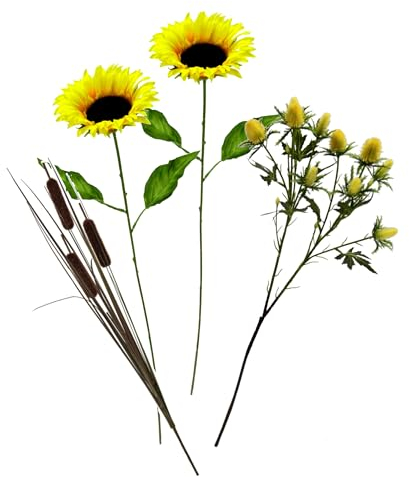 Kunstblumen 4er Set aus Sonnenblumen Distel und Rohrkolben-Zweig Einzelblumen Seidenblumen Stielblumen-Sortiment Herbstzweig Herbstliche Blumen Herbst-Deko Herbstblume Floristik Künstliche Zweige