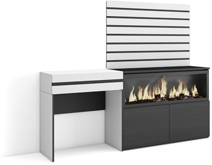 Skraut Home | Schminktisch | Frisiertisch mit Stauraum | 177x145x35 cm | mit Schublade | Elektrokamin XXL | Lamellenwand Holz | Moderner Stil | Weiß