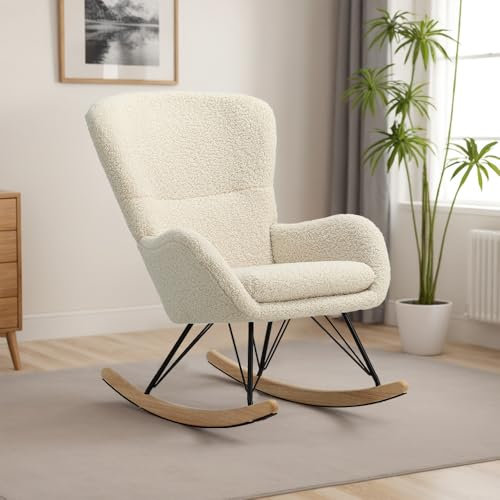 DARDVORLAG Schaukelstuhl mit weichem Lammfellimitat – Beiger Relaxstuhl im Skandi-Stil, gepolstert & ergonomisch, ideal fürs Wohnzimmer, Schlafzimmer