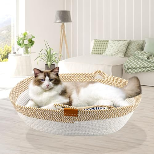 Pet Beds for Cats, Cat Beds for Indoor Cats 19.69×13.78×6.30,Cotton Rope Oval Cat Bed for All Seasons (with Cooler Straw Mat and Cotton Mat Both), Suitable for cats＆dogs (Yellow-white, Small)