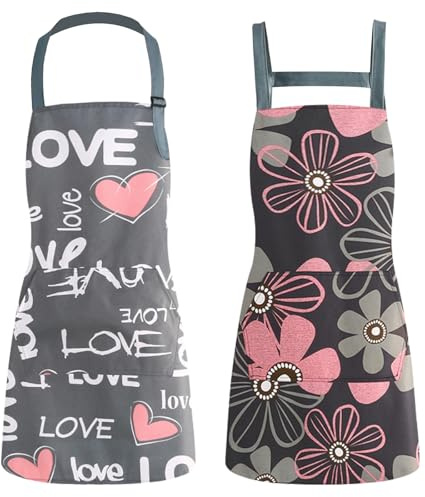 Fyrdm 2 Piezas Delantal Cocina,75 x 65 cm Delantales de Cocina Ajustables para Mujeres con Bolsillo,Ajustable Delantales para Mujeres,Floral Delantal Mujer para Cocinar,Hornear,Jardinería y Pintura