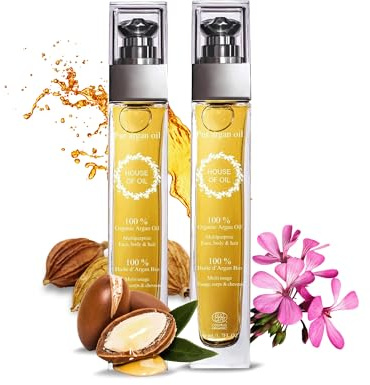 Moroccan Organic Argan Oil 100ML- 100% Pure, Natural and Cold Pressed - for Hair, Face, Body, Beard, Nails - Vegan and Cruelty-Free - Pump Bottle (Pack of 2)