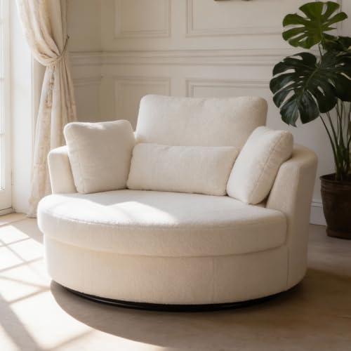 Aoiy & Wifon 50.2'' W Oversized Swivel Barrel Chair, Ivory Swivel Accent Chair for Living Room, Round Oversized Arm Chair with 4 Pillows, Deep Seat & Extra Wide, Sherpa