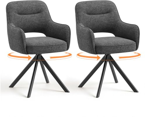 COLAMY 360°Swivel Dining Chairs Set of 2, Fabric Chairs for Dining Room with Armrests, Hollow Backrest and Thick Seat Cushion, Kitchen Chair with Anti-Slip Pads, armchairs for living Room, Grey