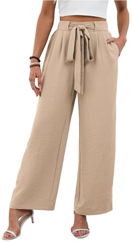 Tolaler Pantalones Mujer Verano Anchos Casual Largo Pantalon Cintura Alta Elástico con Bolsillos Cómodos Fluido Elegante Albaricoque M