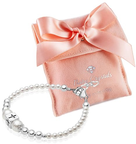 Baby Crystals Baptism Pearl Bracelet for Girls, Sterling Silver Cross Charm - Baptism Gifts for Girl Handmade with High-end white or Pink Simulated European Pearls, Girls Jewelry Birthday Gifts